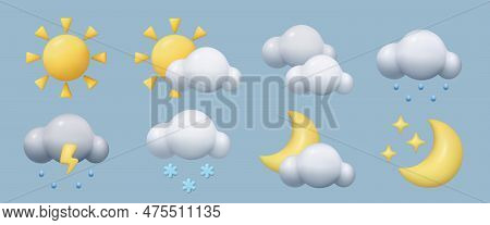 3d Weather Forecast Icons Set. Minimal Cute Toy Three Dimensional Vector Sky Design Elements Collect