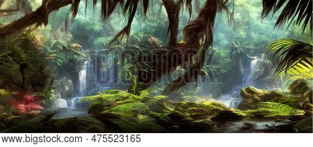 Green Tropical Rainforest With Waterfall And Stones On A Sunny Day, Wildlife Vector Illustration, Na
