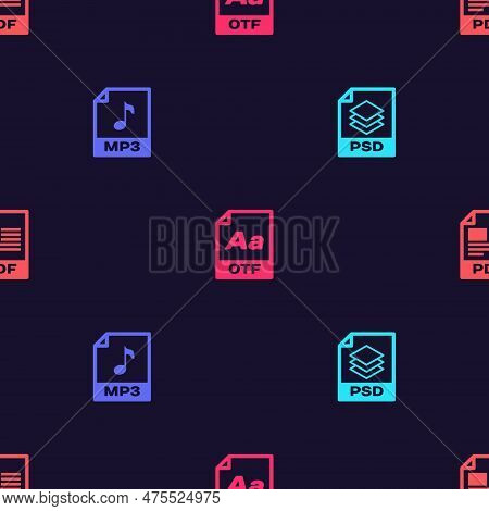 Set Psd File Document, Mp3, Otf And Pdf On Seamless Pattern. Vector
