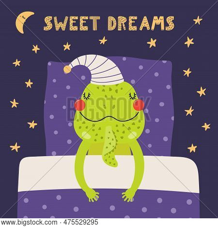 Cute Funny Sleeping Iguana With Pillow, Blanket, Moon, Stars, Quote. Hand Drawn Vector Illustration.