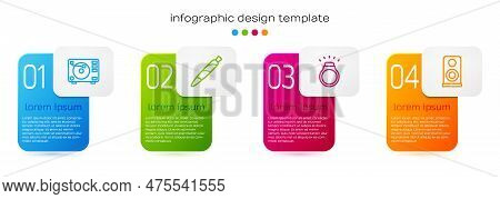 Set Line Vinyl Player With Vinyl Disk, Marijuana Joint, Spliff, Diamond Ring And Stereo Speaker. Bus