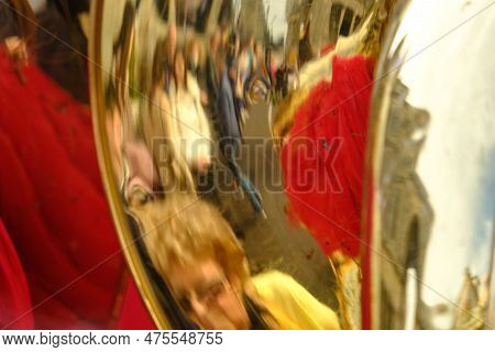 Beautiful Reflections Of The Surroundings In The Tubas Of Corful Philarmonic Orchestras During The F