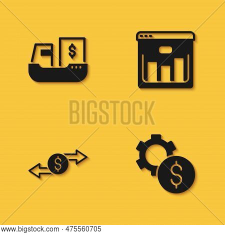 Set Cargo Ship With Boxes Delivery, Gear Dollar Symbol, Money Exchange And Browser Stocks Market Ico