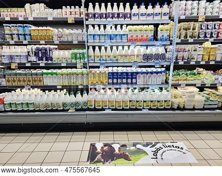 Latvia, Riga, April, 2023 - Delicious And Healthy Bio Dairy Products On Shelf Of Supermarket. Natura