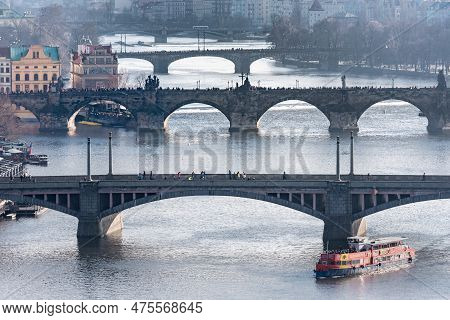 Prague, Czech - March 14, 2016: Cityscape Of Prague, Charles Bridge, Karlov, Manesuv Most Bridge, Ol