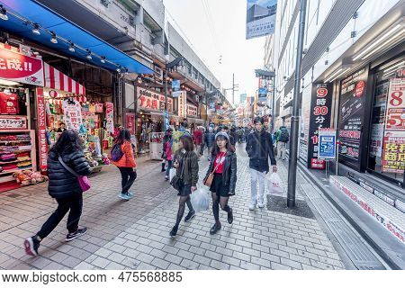Tokyo, Japan - October 15, 2019: Ameyoko Shopping Street In Tokyo. Ameyoko Is A Busy Market Street A