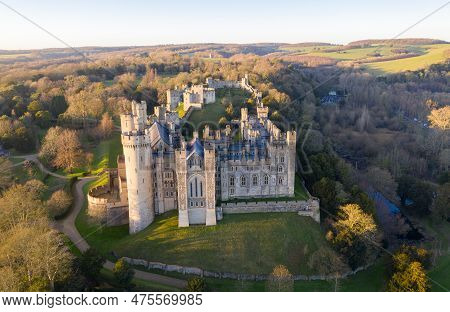 Arundel Castle, Arundel, West Sussex, England, United Kingdom. Bird Eye View. Beautiful Sunset Light