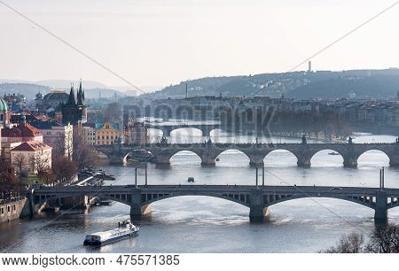 Prague, Czech - March 14, 2016: Cityscape Of Prague, Charles Bridge, Karlov, Manesuv Most Bridge, Ol