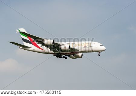 London, England - September 27, 2017: Emirates Airlines Airbus A380 A6-edu Landing In London Heathro