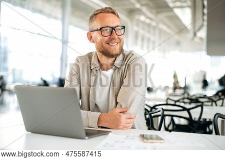 Positive Smart Successful Caucasian Man, With Glasses, In Stylish Casual Wear, It Specialist, Compan