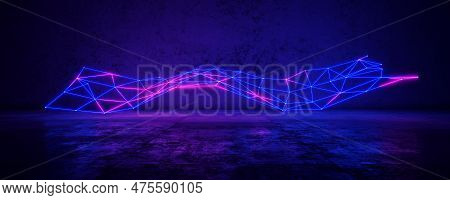 Abstract Neon, Panoramic Background, Neon Mesh Light On A Concrete Surface. Laser Show, Impulse, Equ