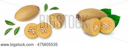 Sapodilla Isolated On White Background With Full Depth Of Field. Top View. Flat Lay