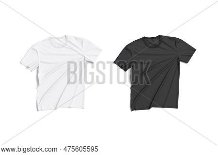 Blank Black And White Tightened T-shirt Mockup Flat Lay, Isolated, 3d Rendering. Empty Textile Casua