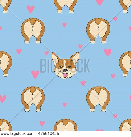 Cute Corgi Butt And Face Seamless Pattern. Vector Cartoon Dog Background