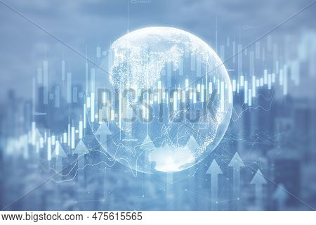 Abstract Growing Forex Business Chart With Glone On Blurry City Background. Trade, Finance And Inves