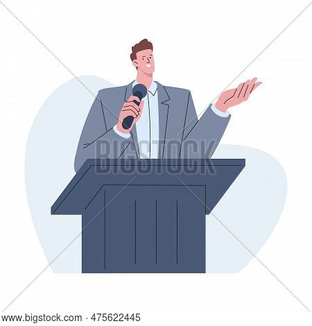 Speaker On Lecture Talk From Stage. Training Or Seminar, Politician Speech. Business Leader, Profess