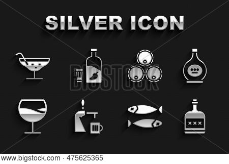 Set Beer Tap With Glass, Bottle Of Cognac Or Brandy, Alcohol Drink Rum Bottle, Dried Fish, Wine, Woo