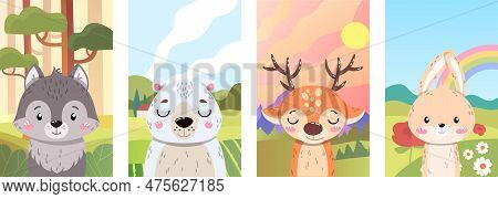 Forest Animal Posters Set. Collection Of Mammals In Summer. Wolf, Polar Bear, Deer And Rabbit. Lawn 