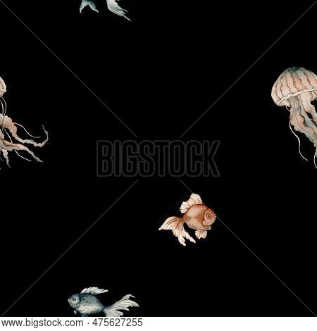 Seamless Pattern With Watercolor Medusa And Fish. Hand Painted Seashells Pattern. Watercolor Vintage