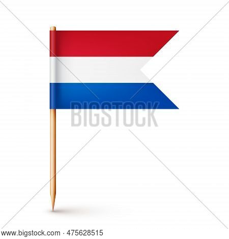Realistic Dutch Toothpick Flag. Souvenir From Netherlands. Wooden Toothpick With Paper Flag. Locatio