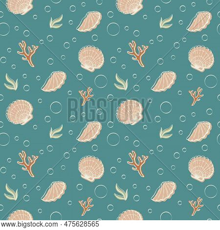 Seamless Pattern With Shells. Vector Illustration. Sea Clums Seamless Pattern. Tropical Underwater L