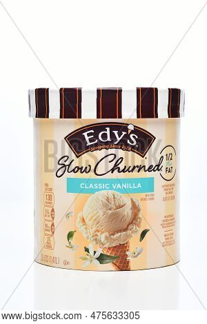 Irvine, California - 29 Apr 2023: A Carton Of Edy's Slow Churned Classic Vanilla Ice Cream, With Les