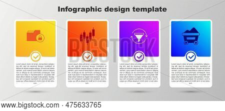 Set Folder And Lock, Browser With Stocks Market, Sales Funnel Chart And Coal Mine Trolley. Business 