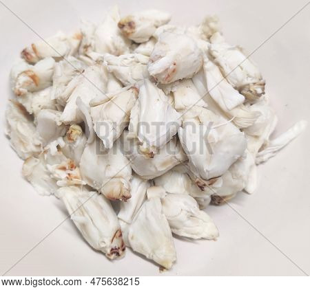 Full Plate Of Steamed Fresh Stone Crab Meat, Cheliped Of The Crab, Prepared Raw Shell Animal At Home