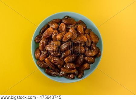 Dates. Dried Date Palm Fruits. Healthy Sweet Snack Food Bowl. Pile Of Tasty Dry Dattes In Plate. Dat