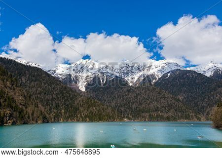 Spring Landscape Of Lake Ritsa In Abkhazia. Lake Ritsa Is A Lake In The North-western Part Of The Ge