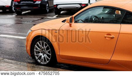 Minsk, Belarus, April 2023 -  Audi Tt Superfast Sports Car Parking In City. Stylish Automobile