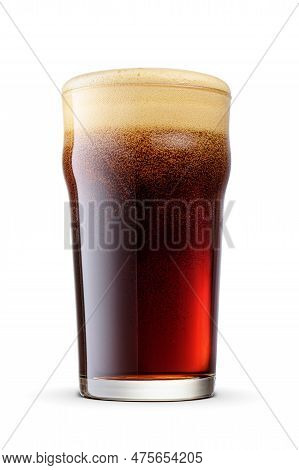 British Style Imperial Pint Glass Of Fresh Delicious Dark Stout Beer With Cap Of Foam Isolated On Wh