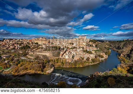 Toledo, Spain - Nov 30, 2022: Old City With Its Alcazar, Royal Palace Over The Tagus River Sinuosity