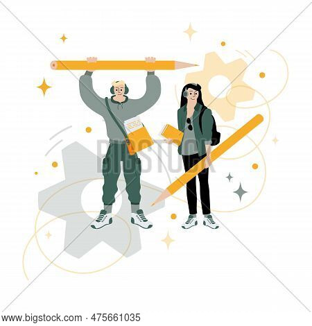 Young Students, Boy And Girl Witn Headphones And Big Pencils. Studing Vector Concept. Back To School