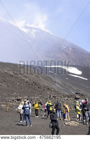 Mount Etna; Sicily; Italy - April 27; 2023: Tourists On Torre Del Filosofo; Famous View Point On The