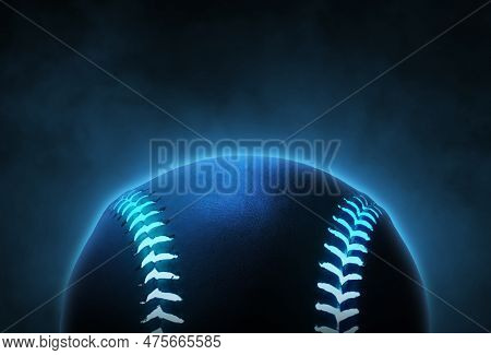 Single Black Baseball Ball With Bright Blue Glowing Neon Lines On Smoke Background