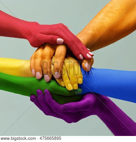 Closeup Hands Painted In Different Colors As Rainbow Flag Holding Together Symbolizing Tolerance Uni