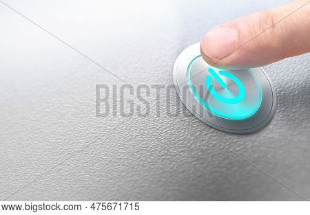 Finger About To Press A Power Button Isolated On White Textured Background