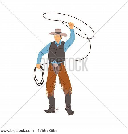 Cowboy Brandishing Rope Lasso Over Head, Flat Vector Illustration On White.
