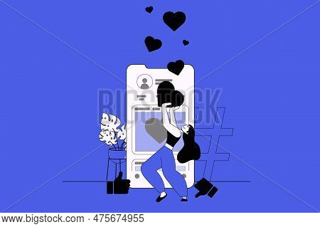 Social Media Platform Web Concept With Character Scene In Flat Design. People Likes Post Using Mobil