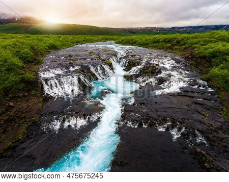 Aerial View Landscape Of Bruarfoss Waterfall In Brekkuskogur, Iceland. Bruarfoss Waterfall Is The Fa