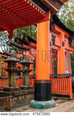 Red Torii Gates At Fushimi Inari Taisha, A Shinto Shrine In Kyoto, Japan