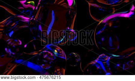 Colorful Transparent Crystalline Bubbles On Dark Background - Abstract 3d Rendering