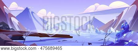 Winter Mountain And Sky Landscape Illustration. Log On Snow Scenery Icy Alps Cartoon Panorama Backgr