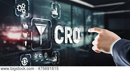 Conversion Rate Optimization. Cro Technology Finance Concept Businessman Pressing On A Virtual Scree
