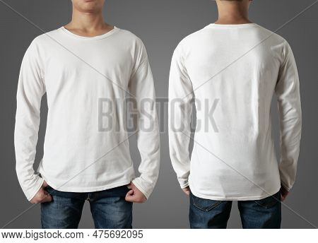 Blank Long Sleeved Shirt Mock Up Template, Front And Back View, Asian Tennage Man Wear Plain White T