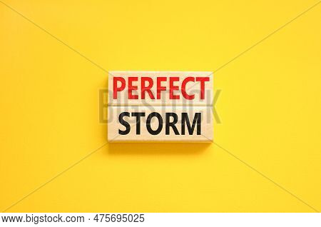 Perfect Storm Symbol. Concept Words Perfect Storm On Beautiful Wooden Block. Beautiful Yellow Table 