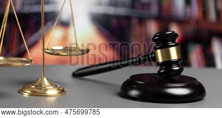 Shiny Golden Balanced Scale And Wooden Gavel In Court Library Background As Symbol Of Justice And Le