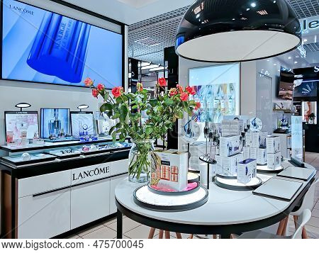 Latvia, Riga, April, 2023 - Beautiful Modern Perfume And Cosmetic Boutique Interior With Make-up Tab