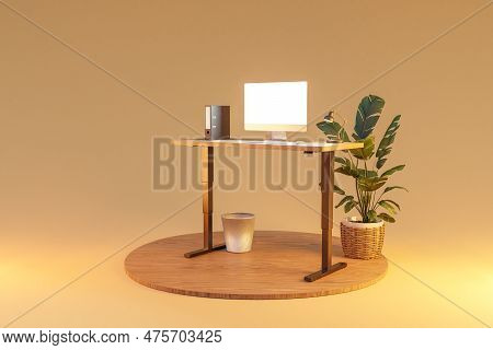 Isolated Computer Workspace On Wooden Podium With Standing Desk; Freelance And Home Office Concept; 